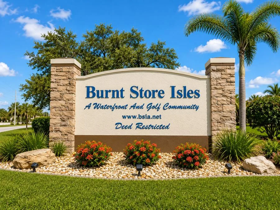 Burnt Store Isles entrance sign, a waterfront and golf community in Punta Gorda, Florida