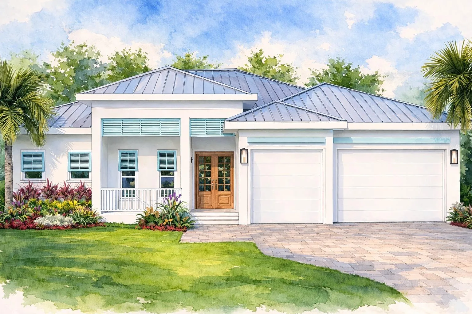 Cape Horn rendering - a coastal-style custom home with a standing-seam metal roof and three-car garage in Burnt Store Lakes