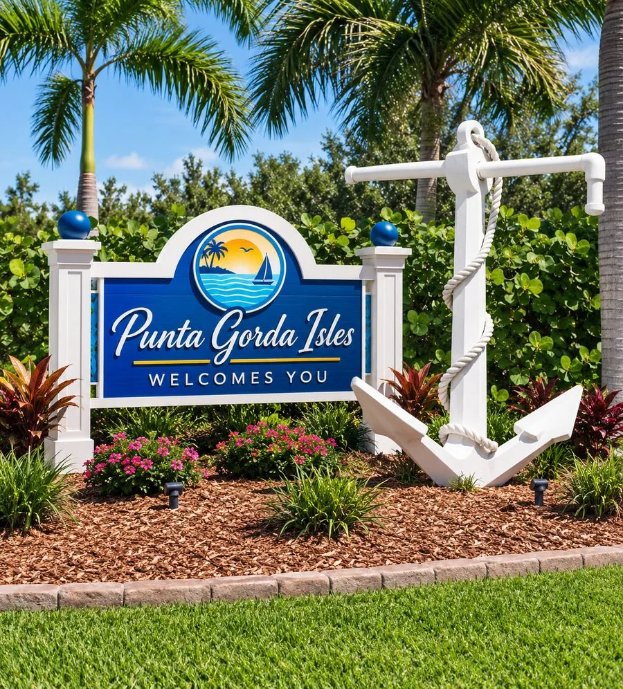 Punta Gorda Isles welcome sign with an anchor sculpture, Punta Gorda, Florida